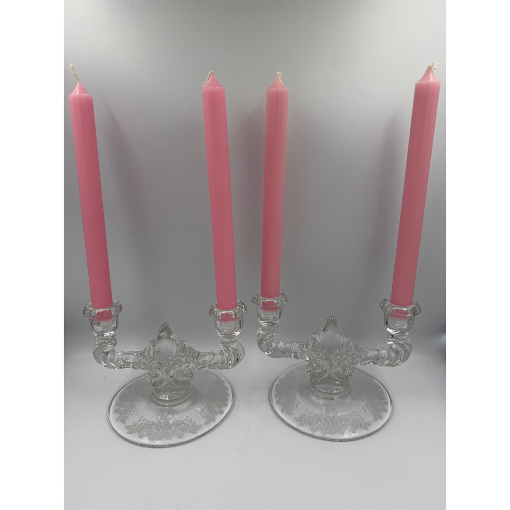 Vintage New Martinsville Clear Glass Double Candlestick Pair Meadow Wreath Etch